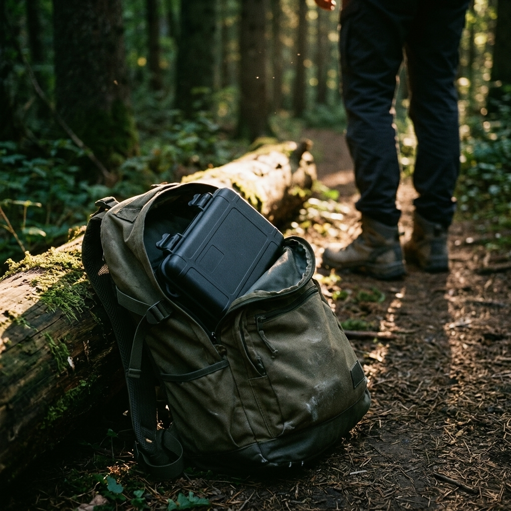 The closed black hard shell case slotted into the open top of a battered olive hiking backpack resting against a mossy log, with a hiker's boots and legs out of focus on the trail beyond